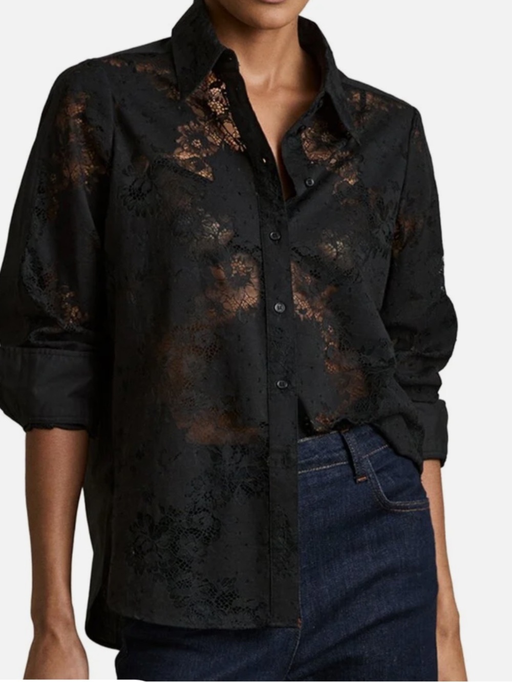 NWT $240 Reiss Black Sheer Floral Lace Button-Down Shirt size 4 NEW UK size 8